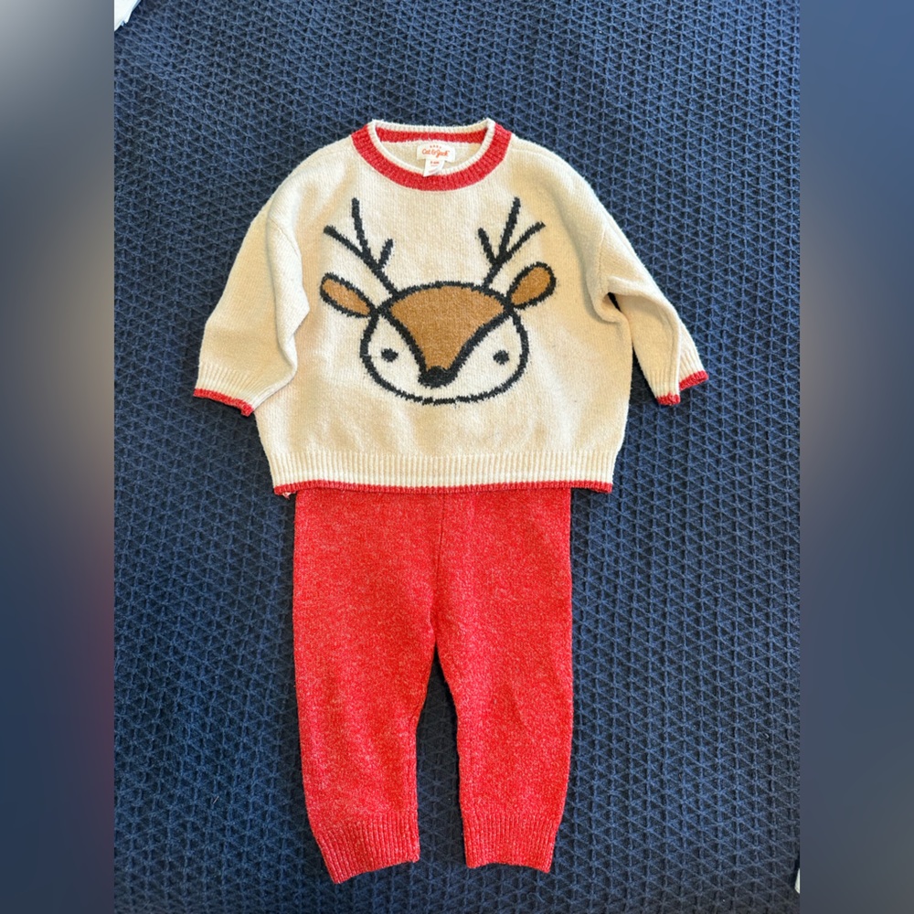 Cat & Jack Christmas Cream and Red Cozy Reindeer Sweater and Pants